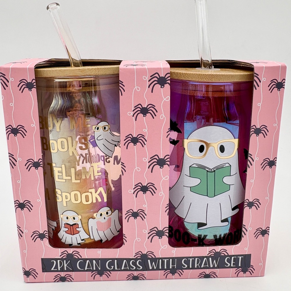 2PK Can Glass With Straw Set Halloween Spooky‎ Book Worm Ghost New